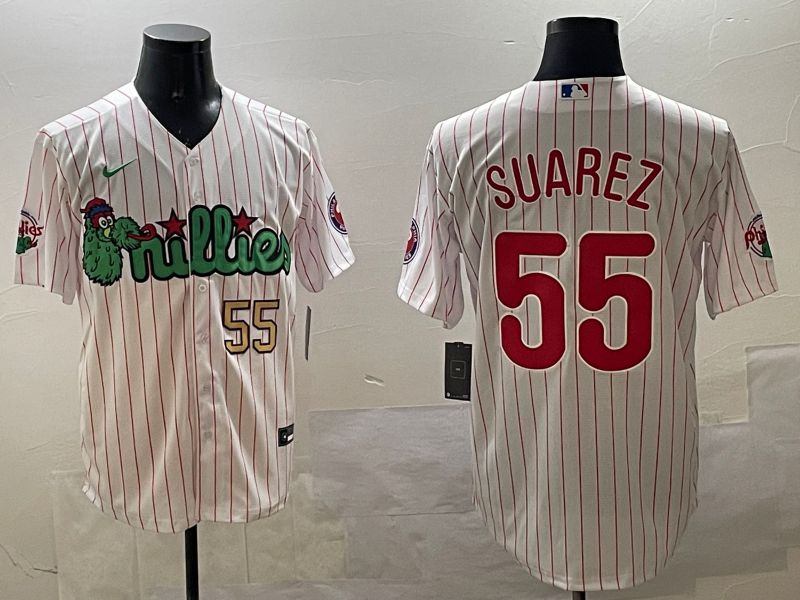 Men Philadelphia Phillies #55 Suarez White Stripe Three generations Joint Name Game 2025 Nike MLB Jersey style 2->philadelphia phillies->MLB Jersey